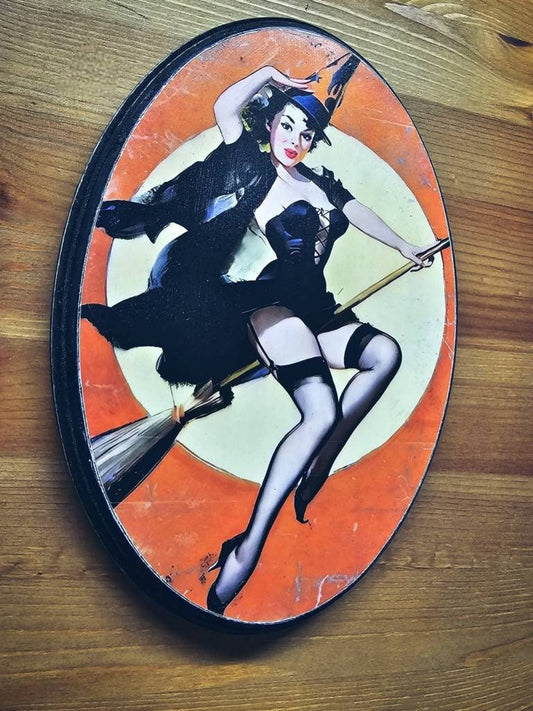Pin-up witch oval plaque