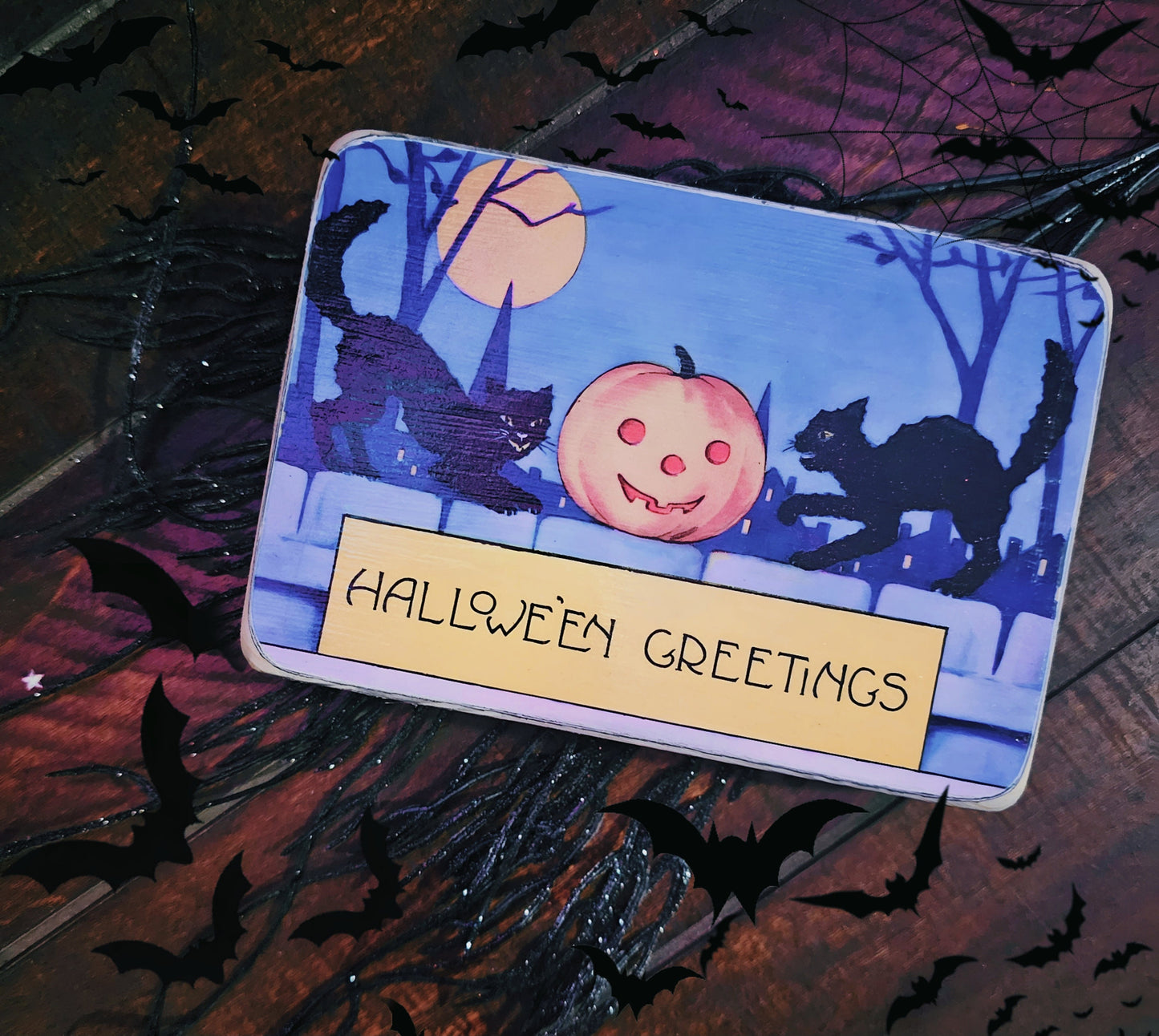 Vintage halloween greetings box sign