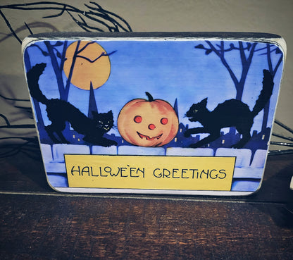 Vintage halloween greetings box sign